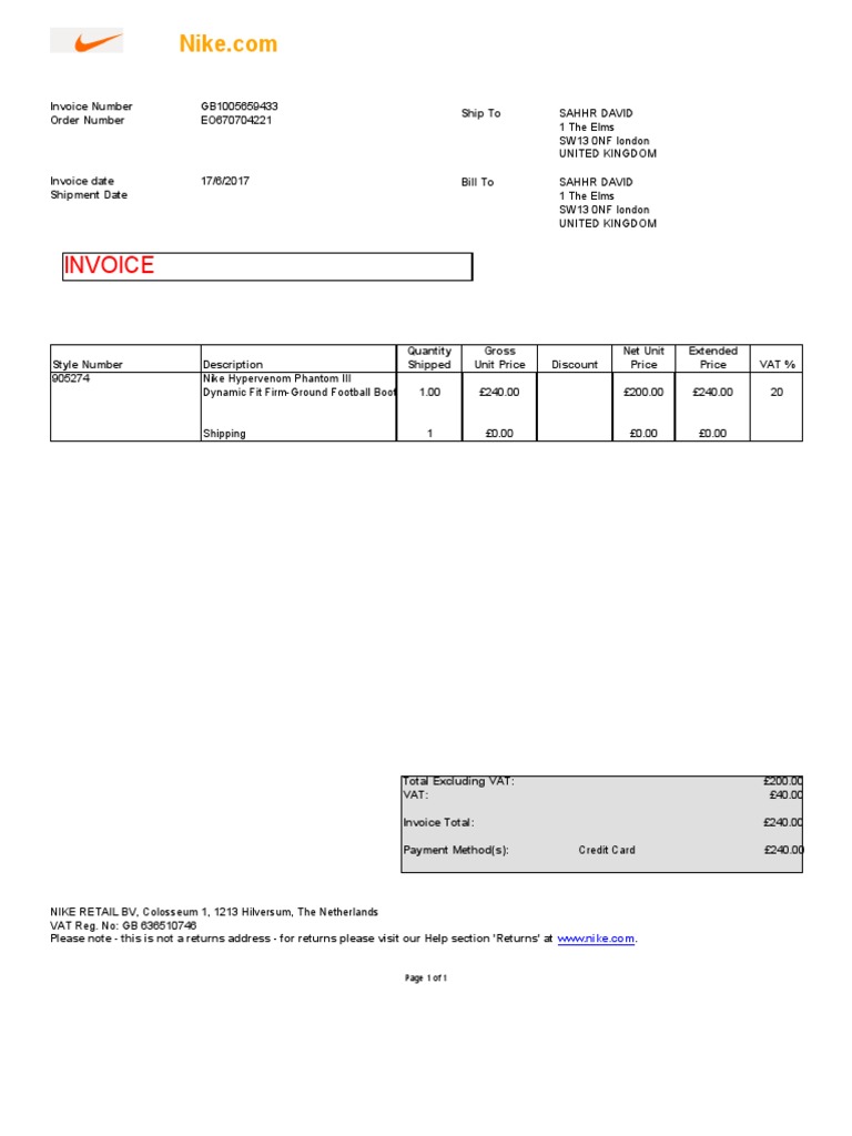 Nike Invoice GB1005659433 | PDF