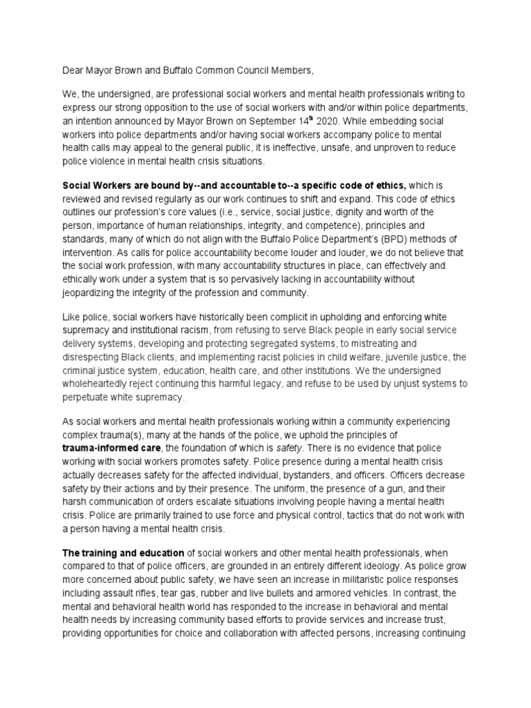 SW Sign-On Letter | PDF | Mental Health | Police