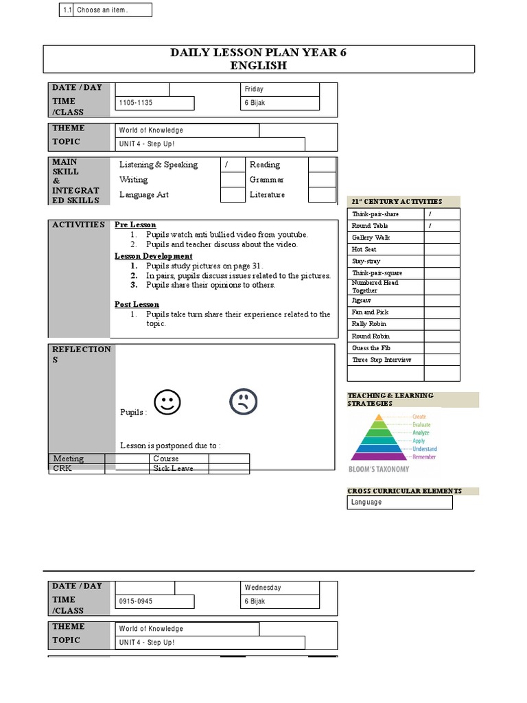 Daily Lesson Plan Year 6 English: 21 Century Activities | Download Free ...