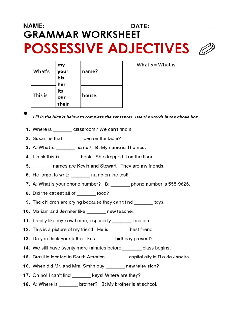 Possessive Adjectives Practice Worksheet | PDF