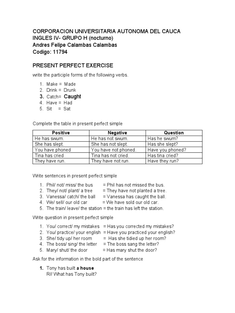 Present Perfect and Past Perfect Exercises | PDF | Language Mechanics ...