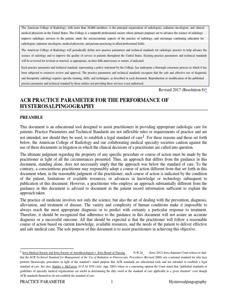 Acr Practice Parameter For The Performance of Hysterosalpingography ...