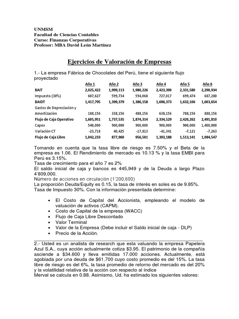 Ejercicios de Valoración de Empresas | PDF | Flujo de caja descontado ...