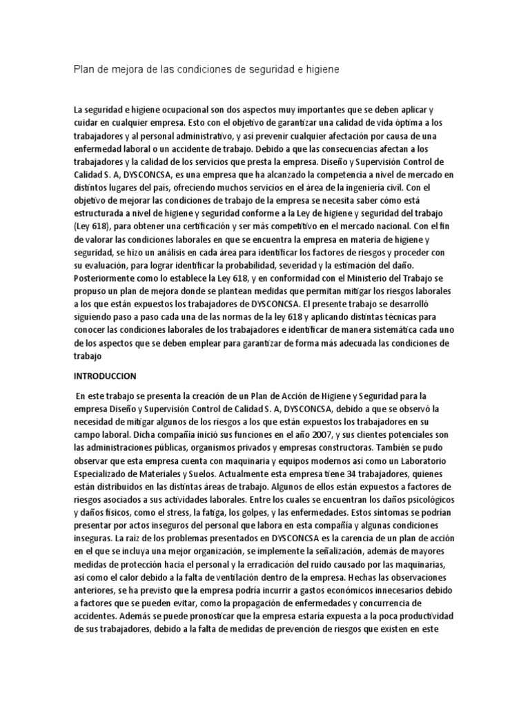 Plan de Mejora en Seguridad e Higiene | PDF | Seguridad y salud ...