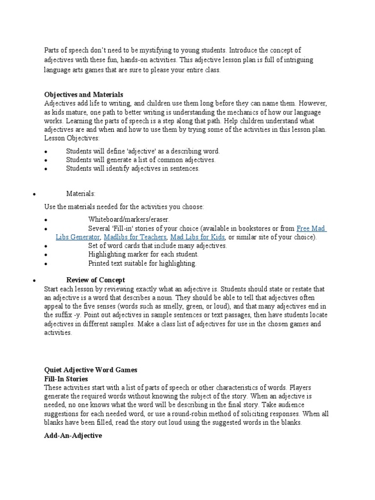 Adjective Lesson Plan | Download Free PDF | Adjective | Part Of Speech