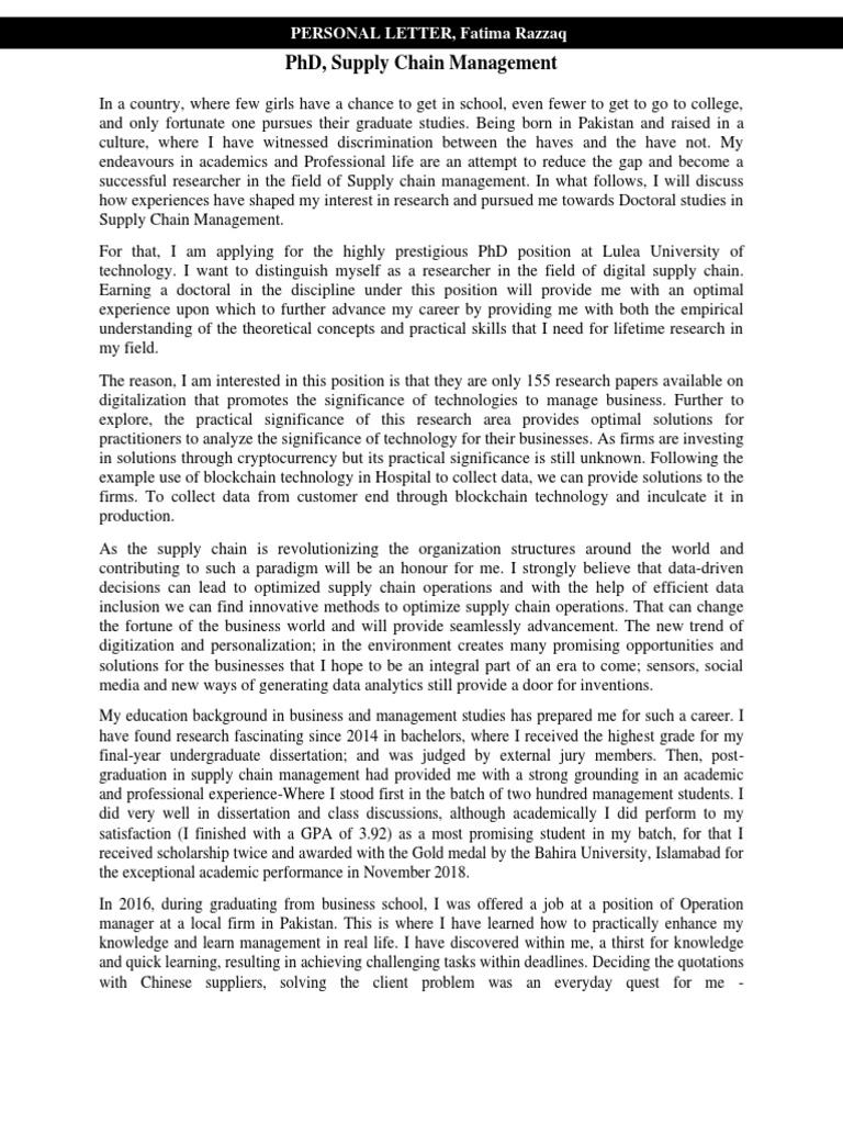 PHD, Supply Chain Management Personal Letter, Fatima Razzaq PDF