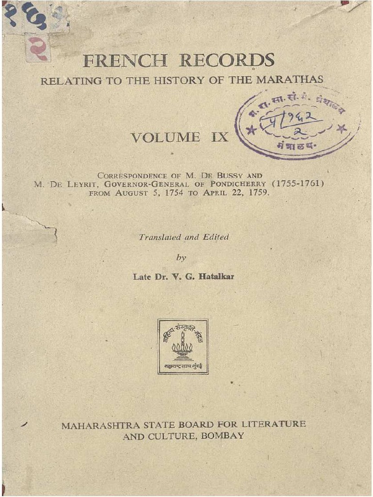 French Records Relating To The History of The Marathas Volume IX | PDF