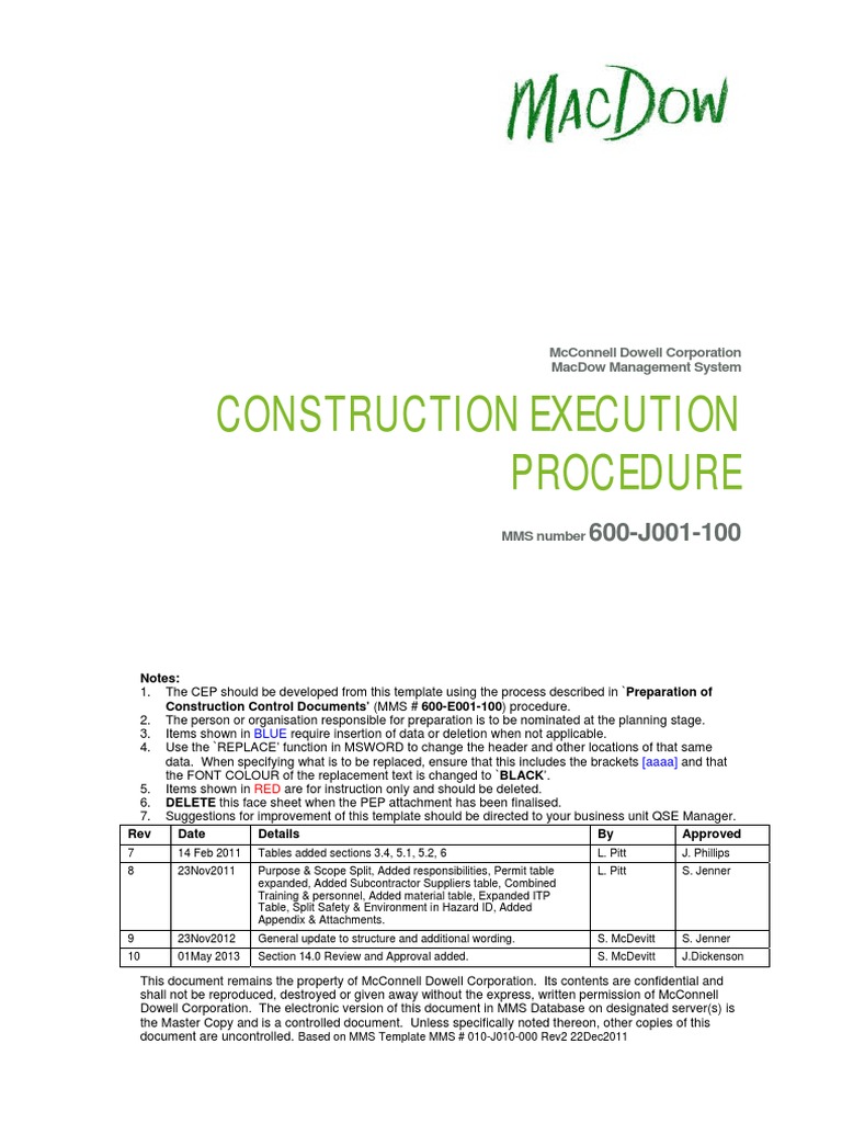 Construction Execution Procedure Guide | PDF | Occupational Safety And ...