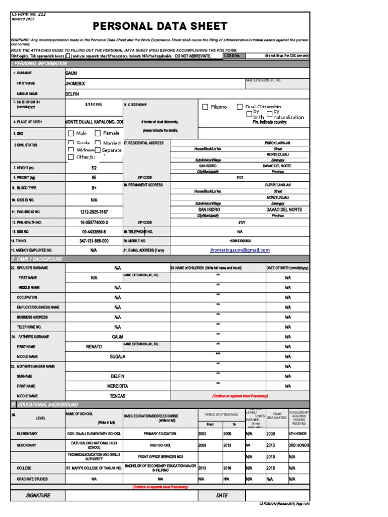 Personal Data Sheet Template | PDF | Government | Social Institutions