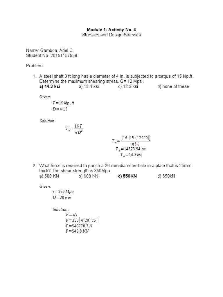 Shearing Stress Calculations and Solutions | PDF