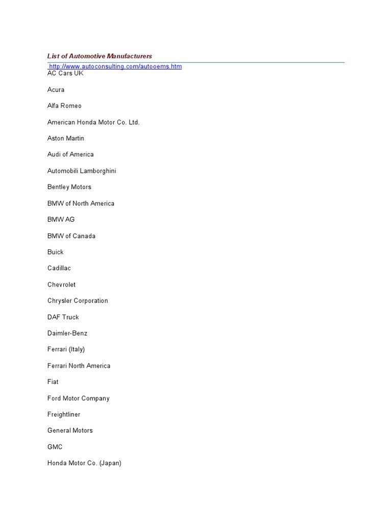 Comprehensive List of Car Manufacturers | PDF