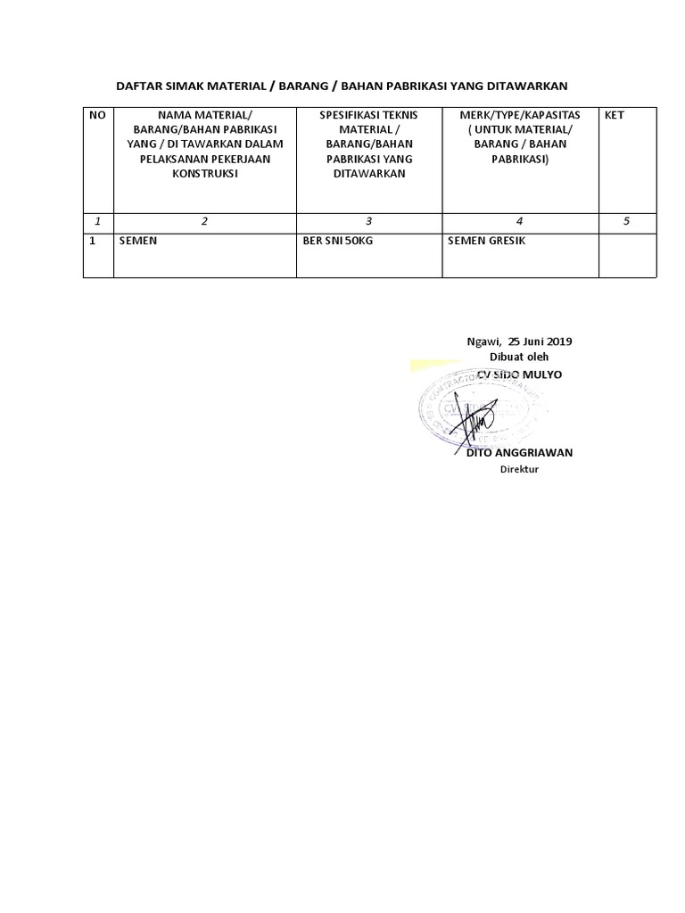 Daftar Simak Material Konstruksi | PDF