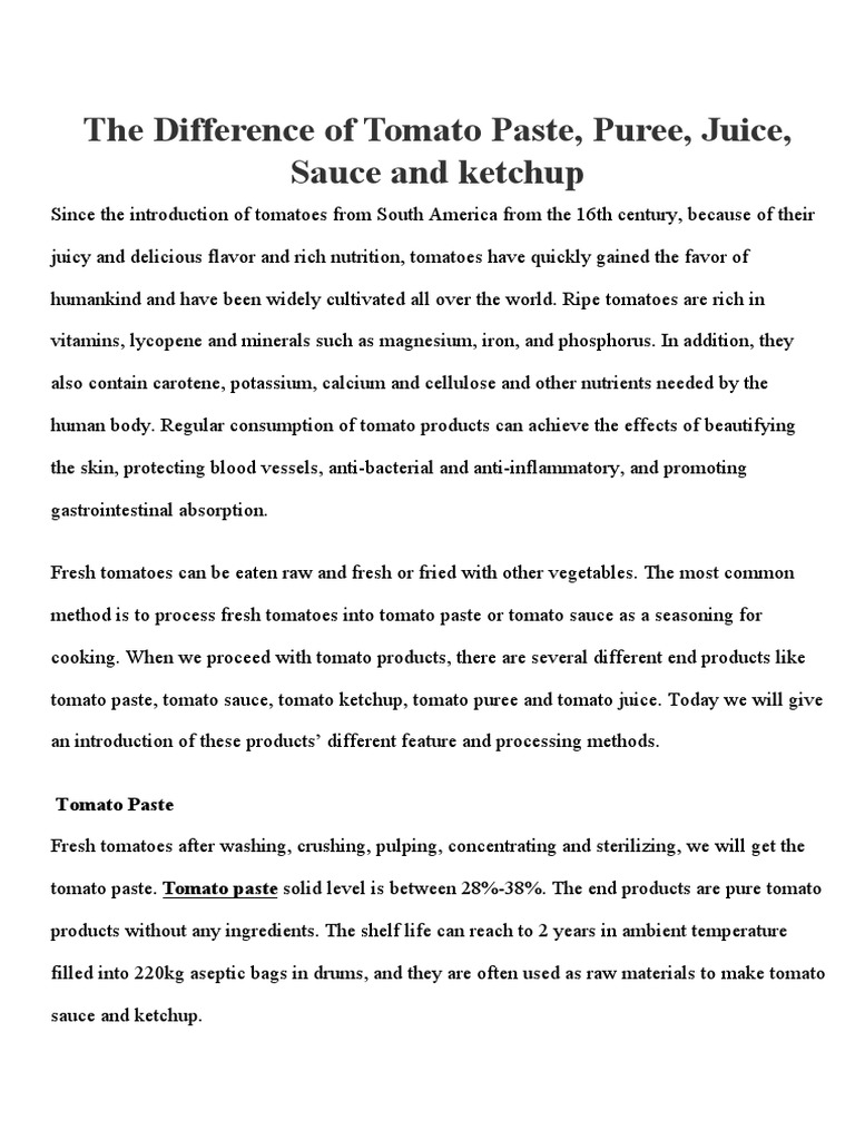 Tomato Paste, Puree, Sauce and Juice Difference PDF Ketchup Tomato