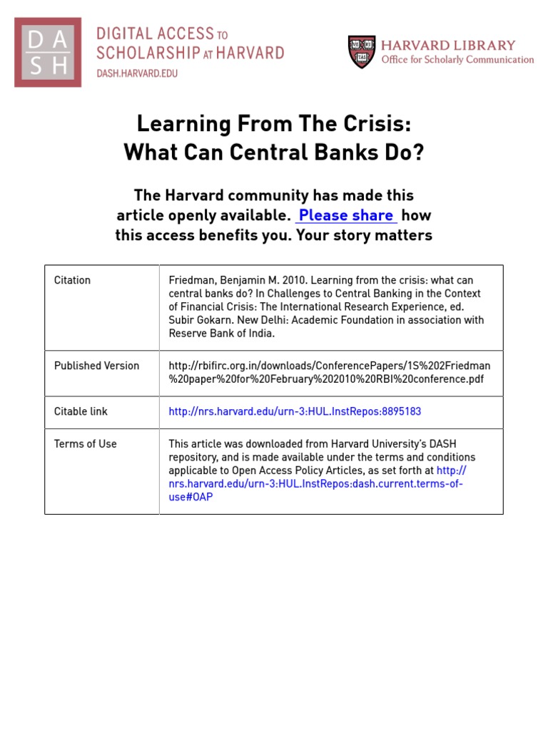Learning From The Crisis: What Can Central Banks Do? | PDF | Central ...