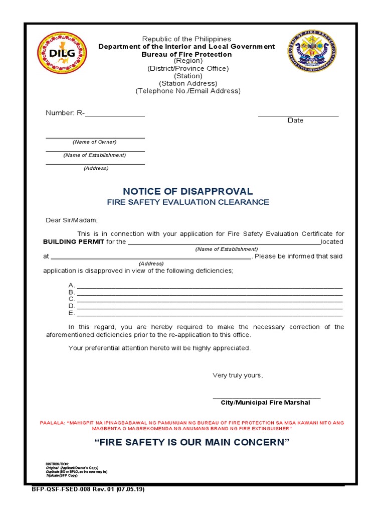 Notice of Disapproval Fire Safety Evaluation Clearance for