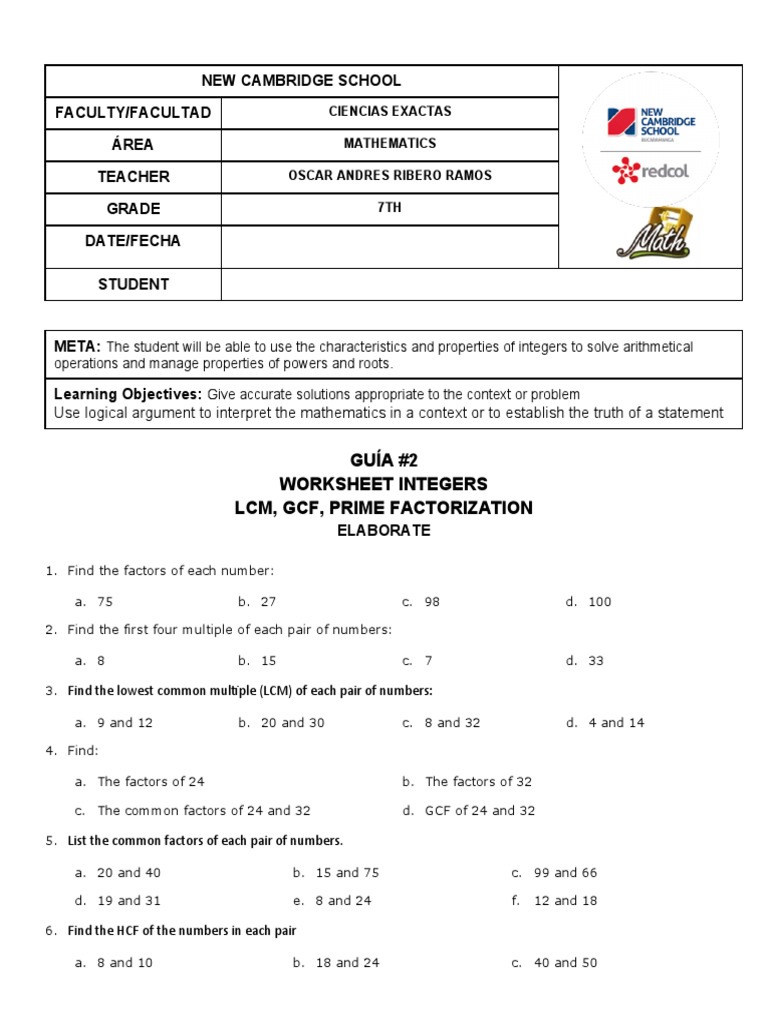 Grade 7 LCM and GCF Worksheet | PDF | Factorization | Classroom
