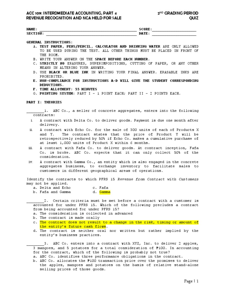 Acc 109 P2 Quiz Revenue Recognition and Non Current Assets Held For