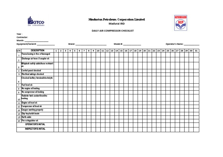 Air Compressor Daily Checklist PDF