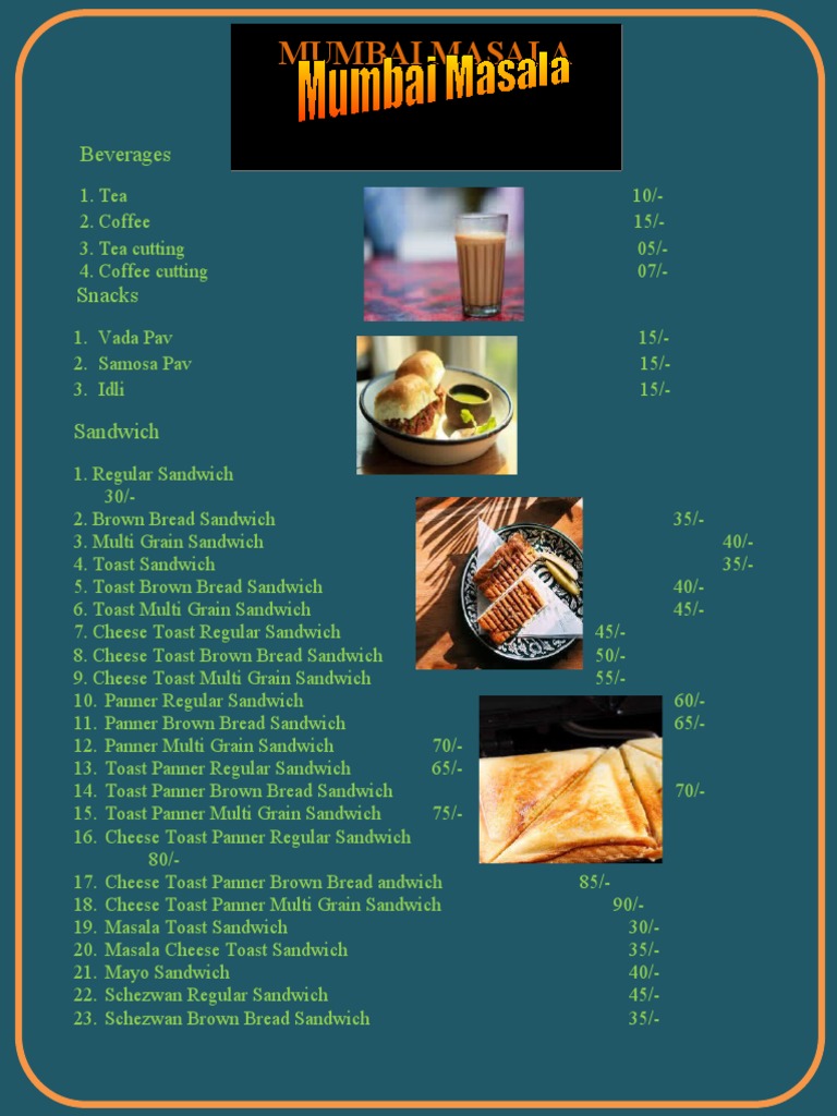 Mumbai Masala Snacks and Sandwich Menu | PDF | Toast | Sandwich