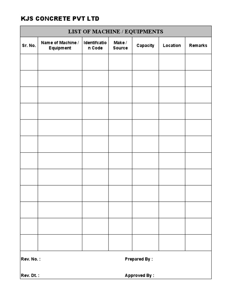 List of Machines, Equipments PDF