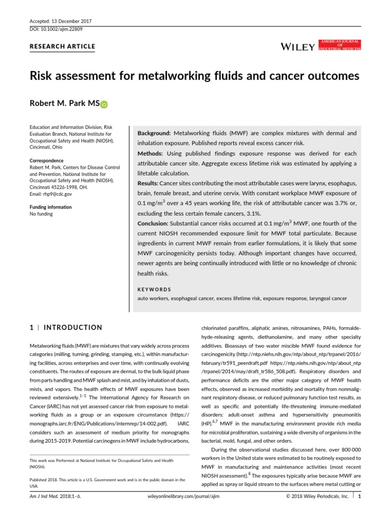 Risk Assessment For Metalworking Fluids and Cancer PDF