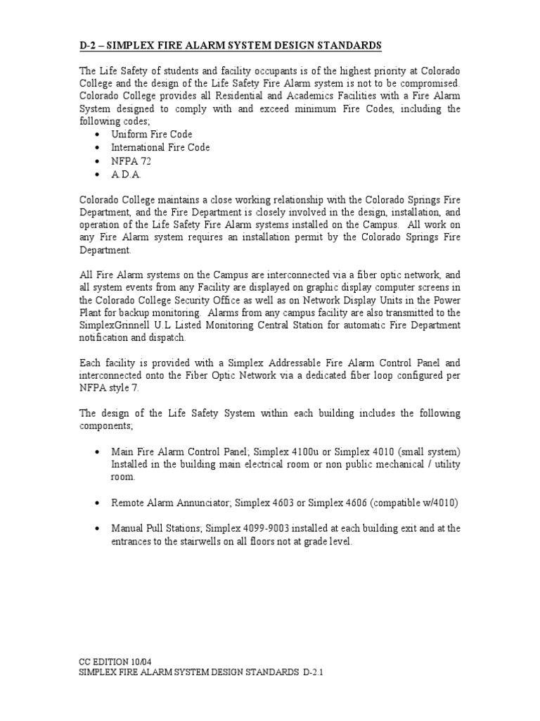 CC Edition 10/04 Simplex Fire Alarm System Design Standards D-2.1 | PDF ...