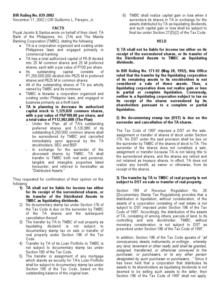 BIR Ruling No 0392002 PDF Taxation In The United States Dividend