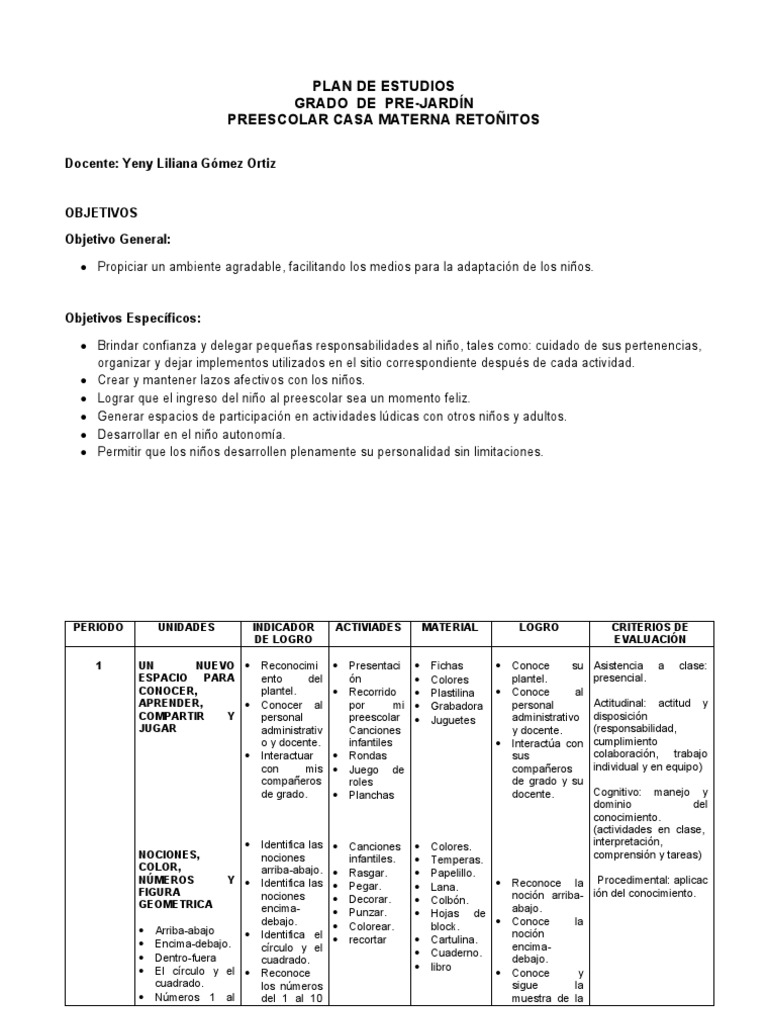 Plan de Estudios para Prejardín | PDF | Educación de la primera ...