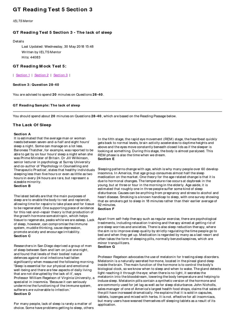 Gt Reading Test 5 3 Pdf Sleep Sleep Deprivation