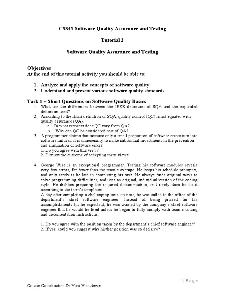 CS341 Software Quality Assurance and Testing - Tutorial2 | PDF ...