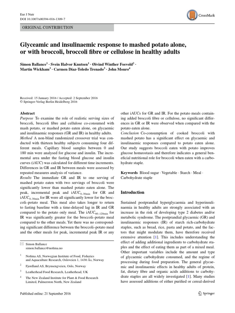 Glyceamic and Insulinaemic Response To Mashed Potato Alone, or With