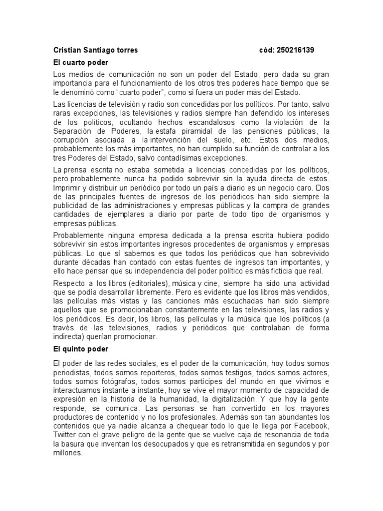 Cuarto Y Quinto Poder Pdf Separación De Poderes