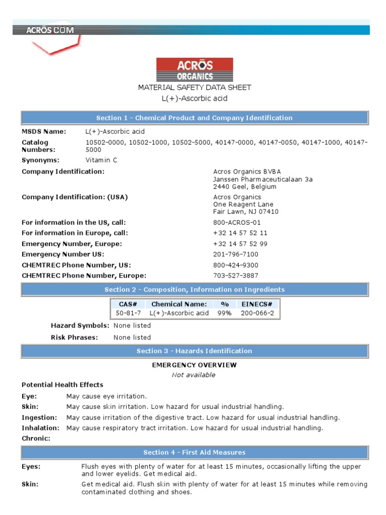 MSDS of Acid Ascorbic Pulv PDF Personal Protective Equipment