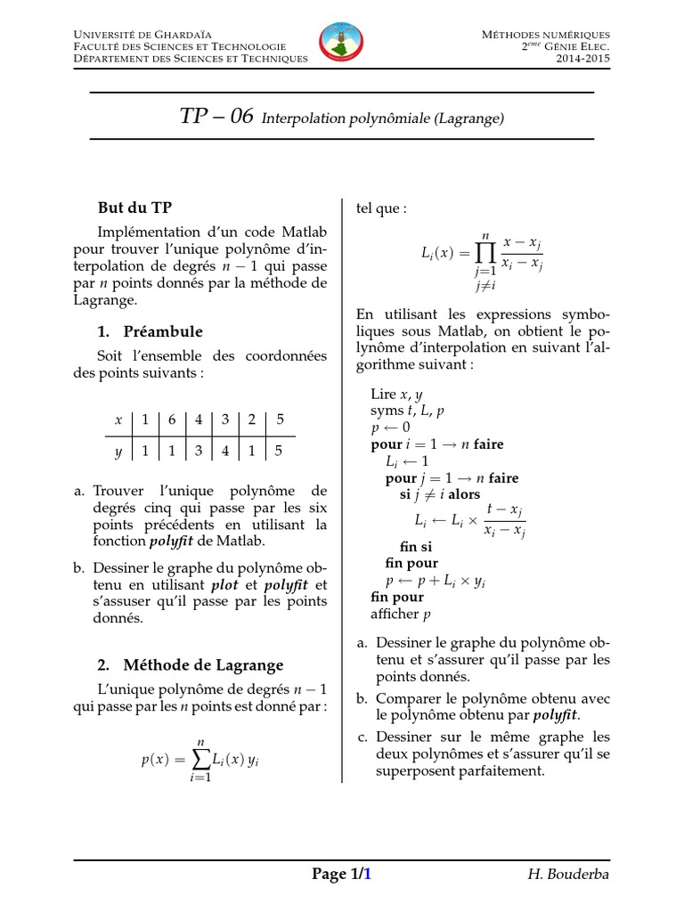 Interpolation de Lagrange en Matlab | PDF | Polynôme | Relations ...