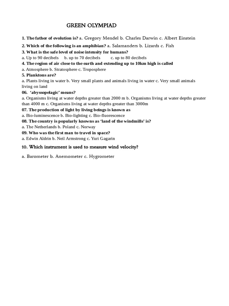 Green Olympiad Quiz Questions for Class 5 | PDF | Social Science