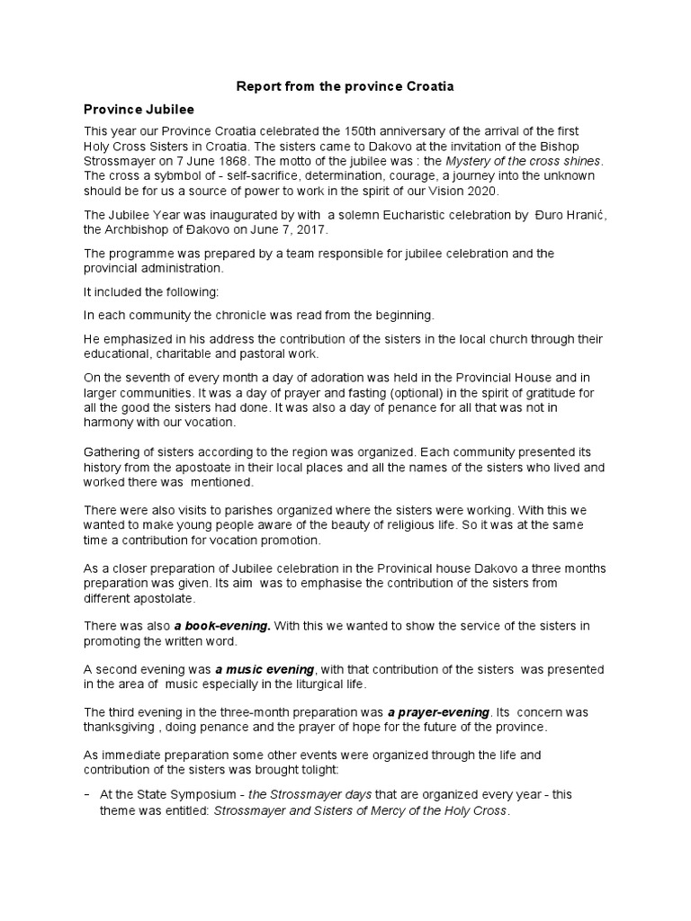 Report From The Province Croatia Province Jubilee PDF Catholic