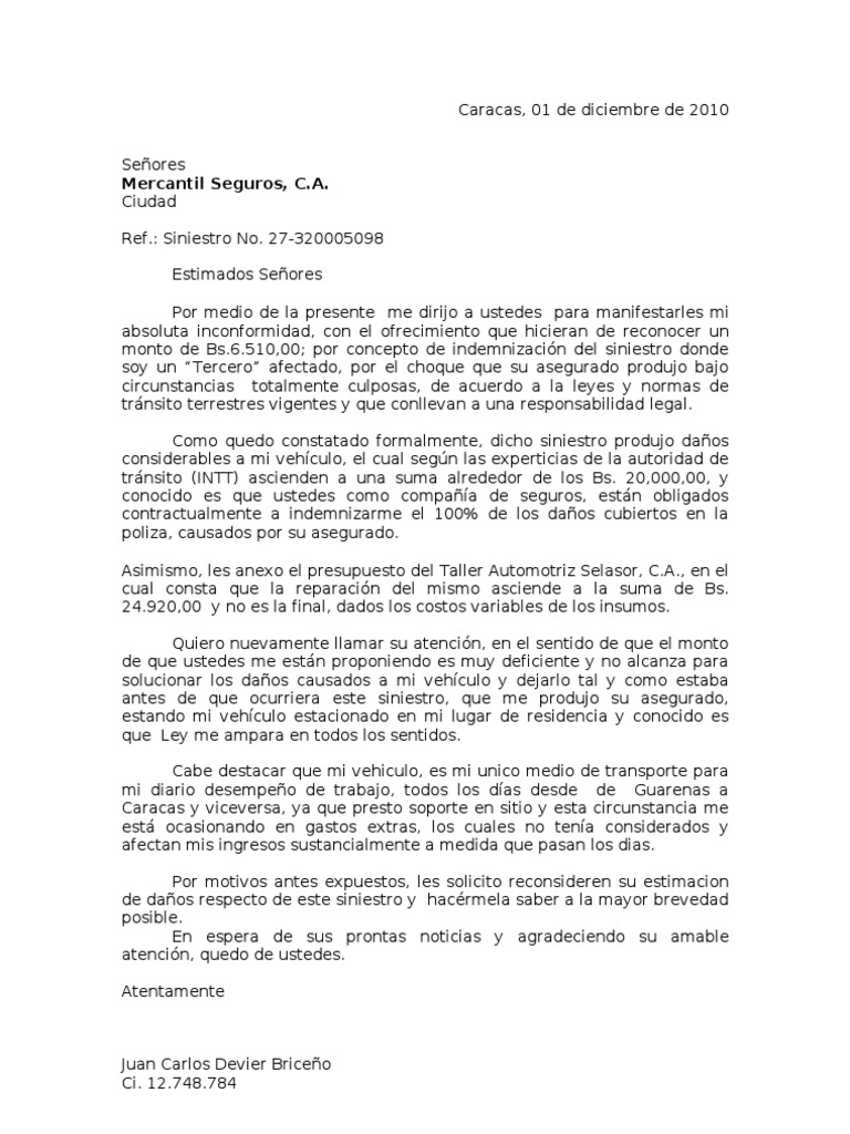 Carta reclamo a Mercantil