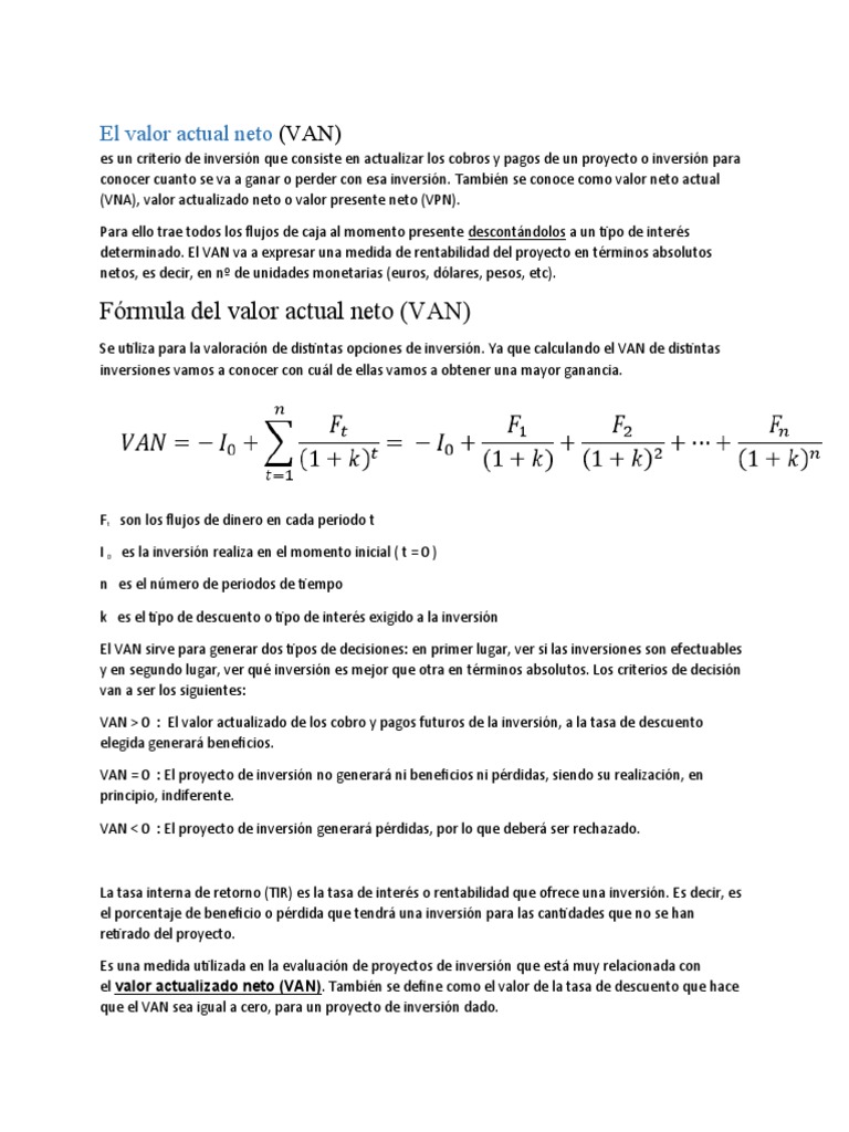 El Valor Actual Neto | PDF | Tasa interna de retorno | Valor presente neto
