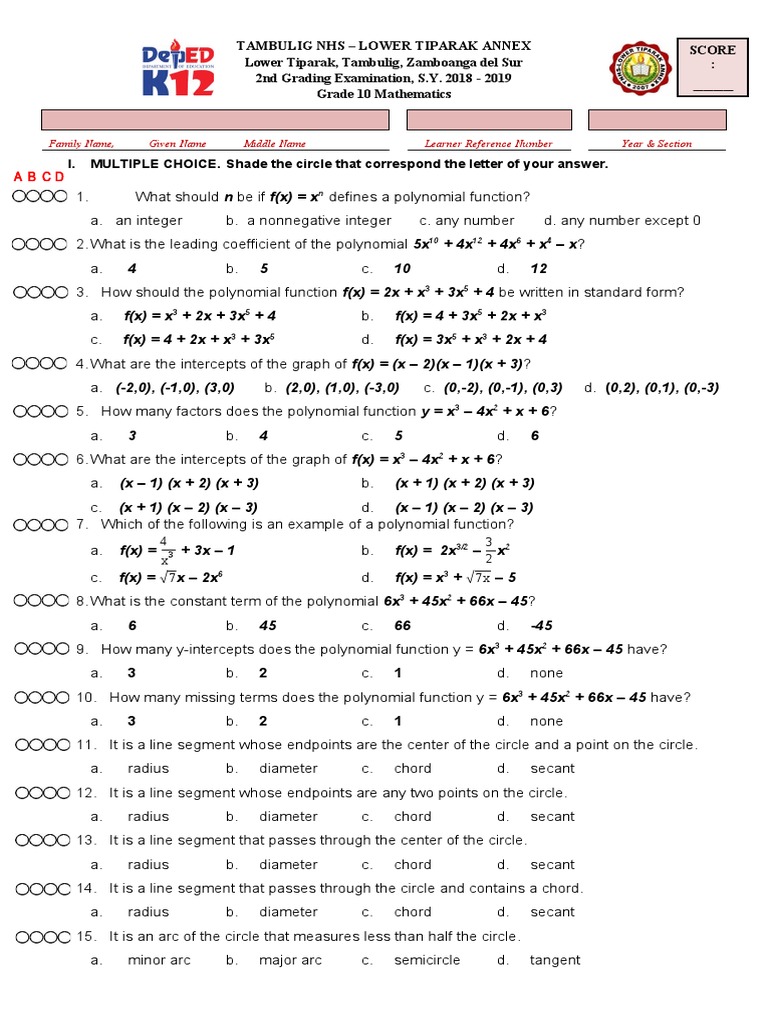 Grade 10 Math Exam Geometry Focus Pdf Circle Geometric Shapes