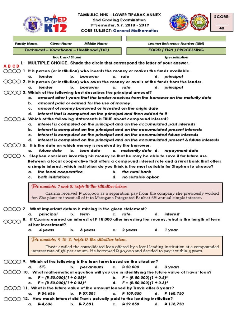 Gen Math 11 Exam 2nd FINAL PDF | PDF | Interest | Loans