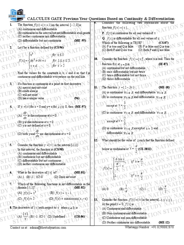 GATE Calculus PYQs on Continuity & Differentiation | PDF | Analysis ...