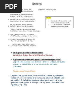 Correction Poeme En Foret 6eme Pdf Lune Poesie