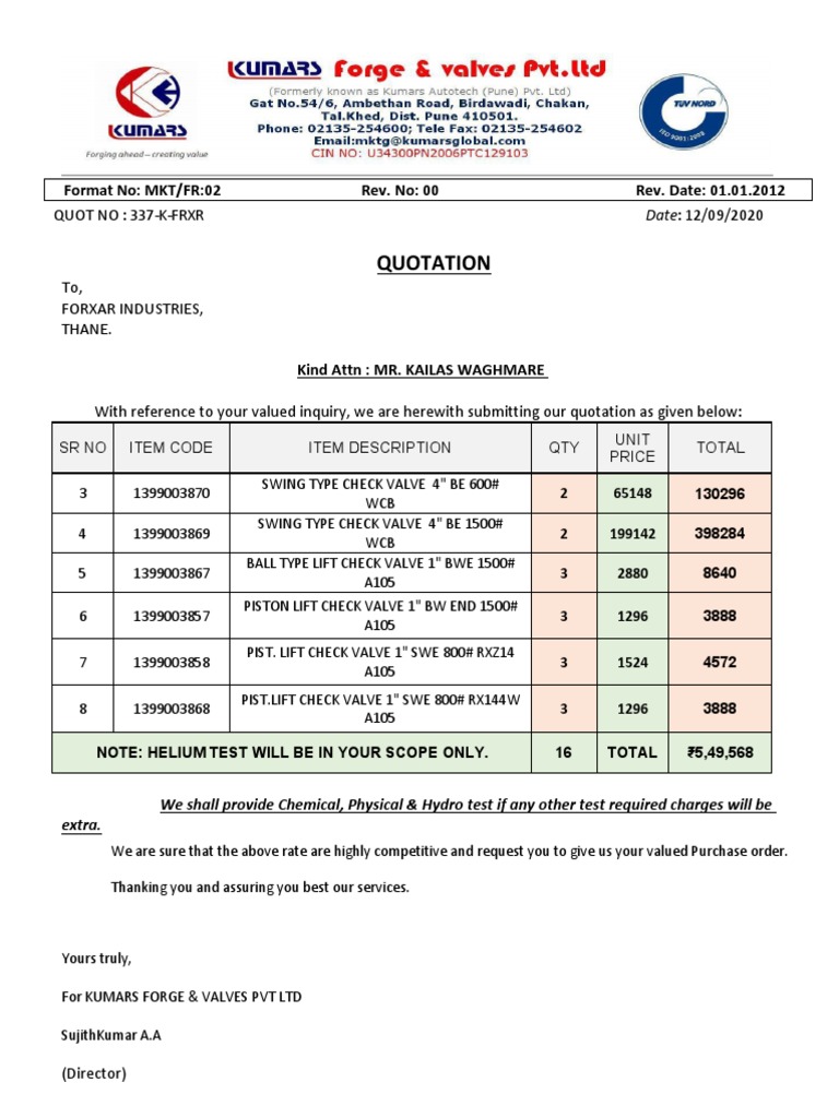 Quotation for supply of various check valves and lift check valves to ...