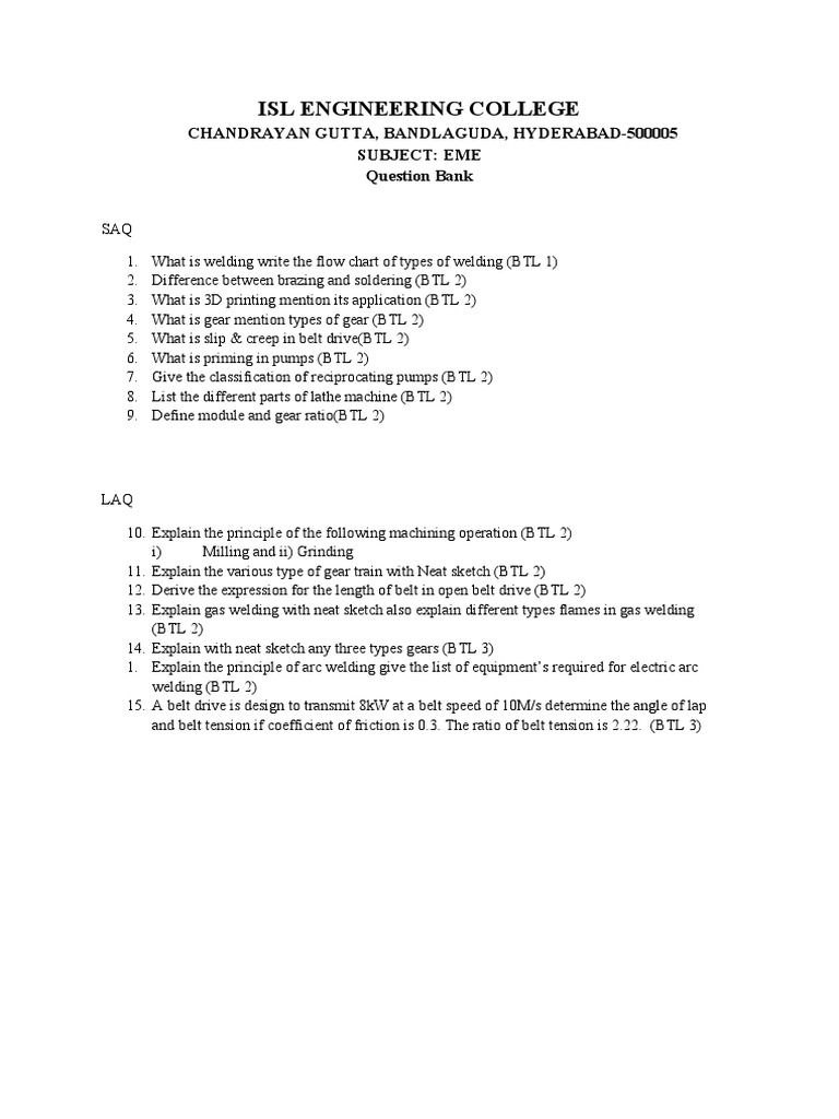 ISL Engineering College EME Question Bank | PDF
