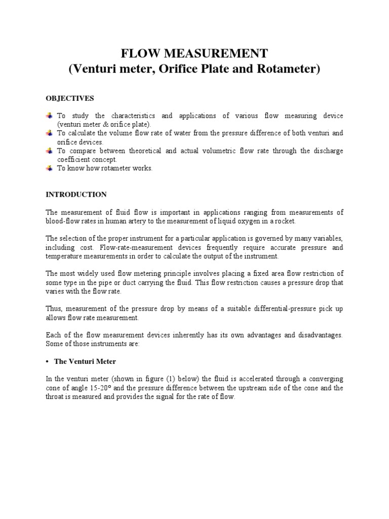 Experiment No 4 Flow Measurements Fluid Dynamics