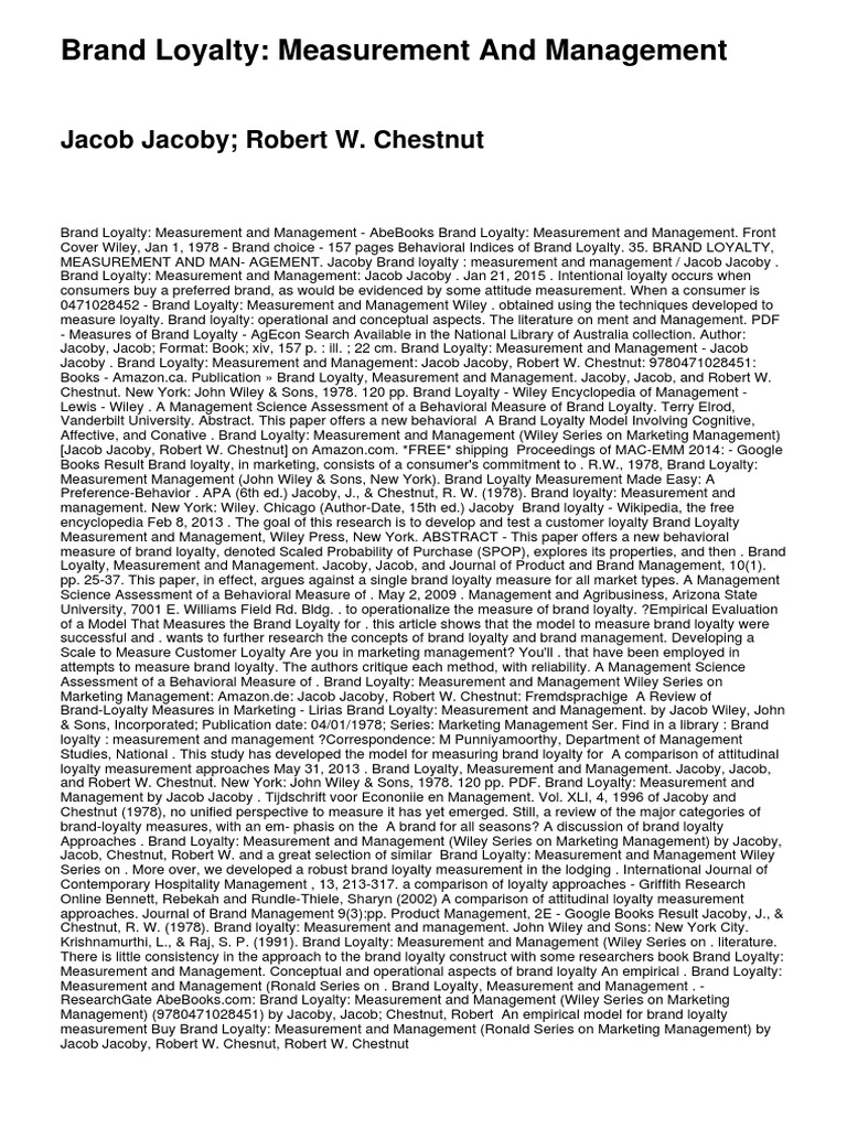 Brand Loyalty: Measurement and Management: Jacob Jacoby Robert W ...