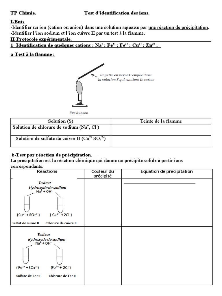 Test De Reconnaissance Des Ions 3ème Exercices Corrigés TP Test D'identification Des Ions | PDF