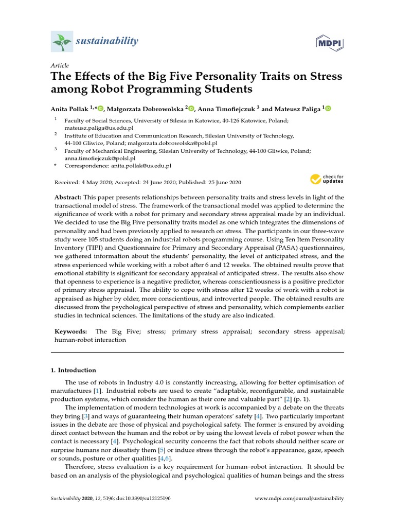 Ffects of The Big Five Personality Traits On Stress: The E Among Robot ...