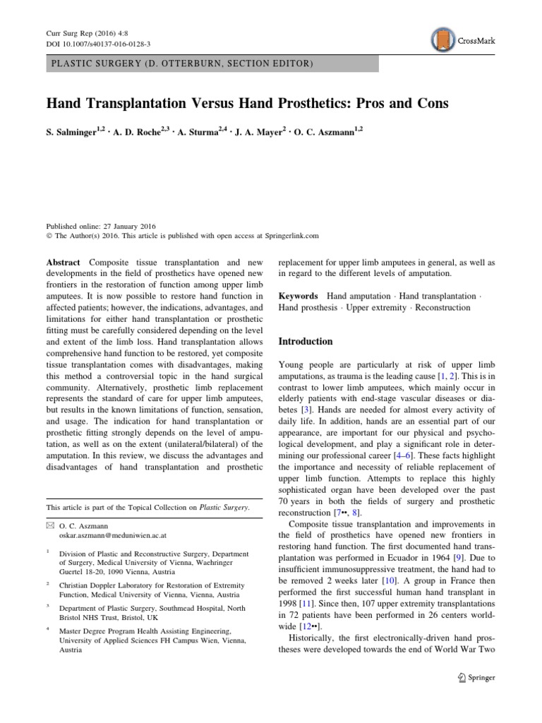 2016 Hand Transplantation Versus Hand Prosthetics Pros and Cons PDF Prosthesis Amputation