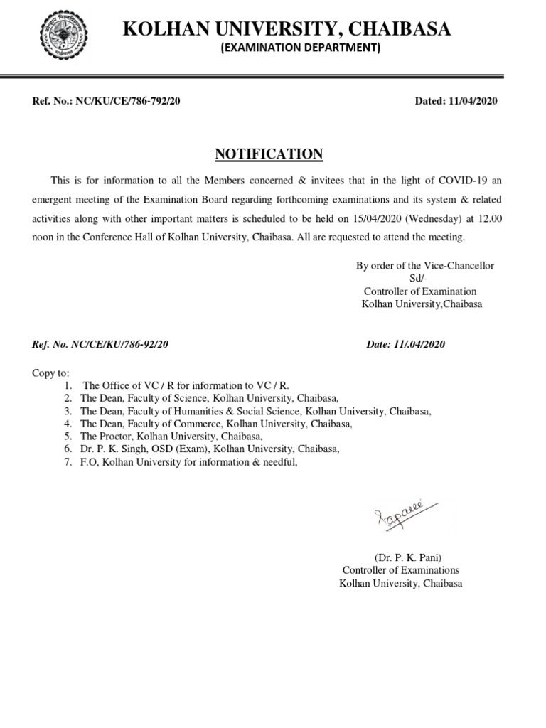 Kolhan University Exam Board Meeting Notice | PDF
